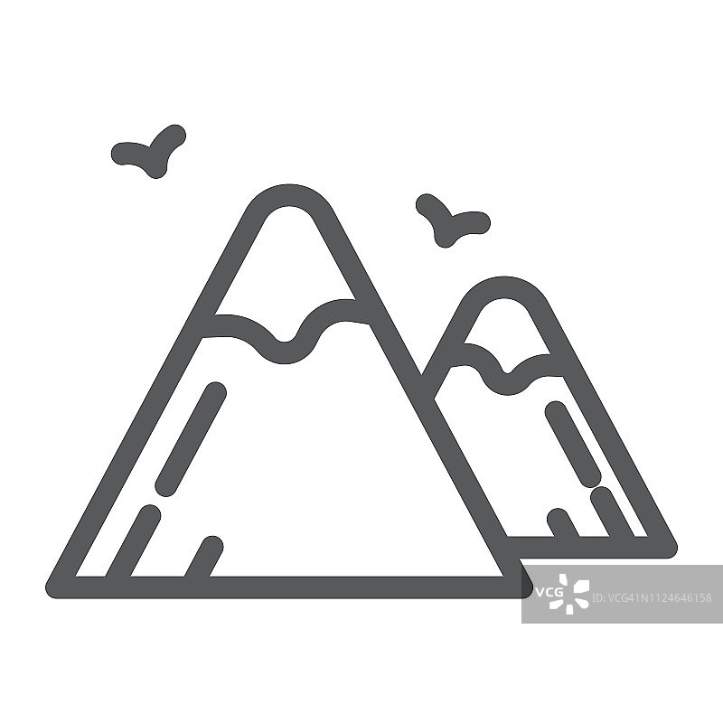 山脉线条图标，自然和景观，岩石标志，矢量图形，白色背景上的线性图案。图片素材