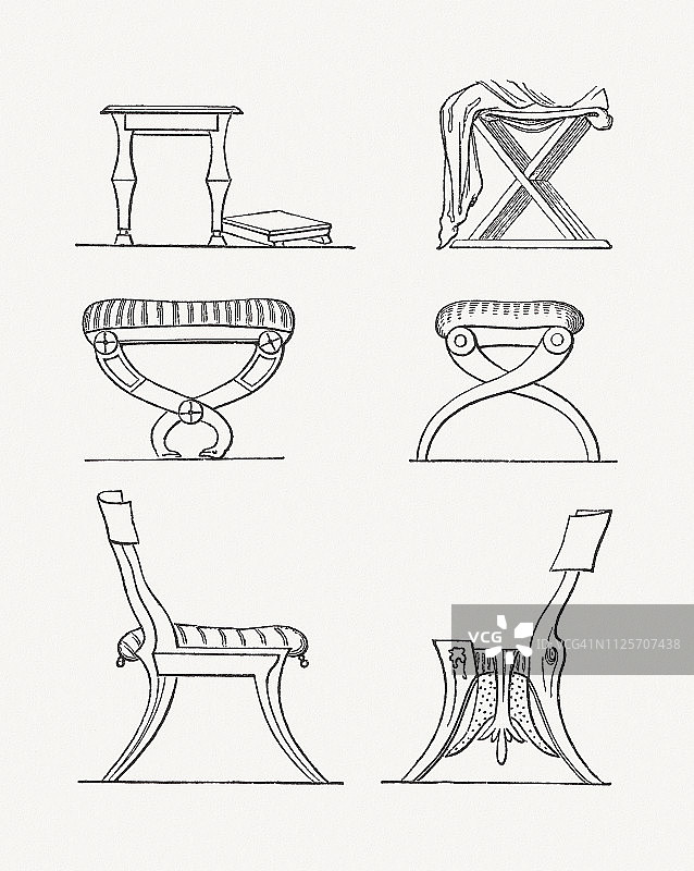 古董扶手椅和椅子，木刻，出版于1897年图片素材