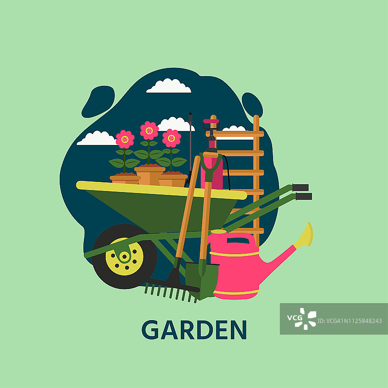 向量园艺旗帜与手推车，工具，花，喷壶和楼梯。矢量插图设计花园中心。图片素材