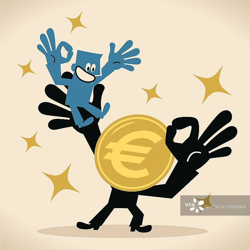 拟人化的欧元符号货币钱的人支持一个商人用一个ok的手手势图片素材