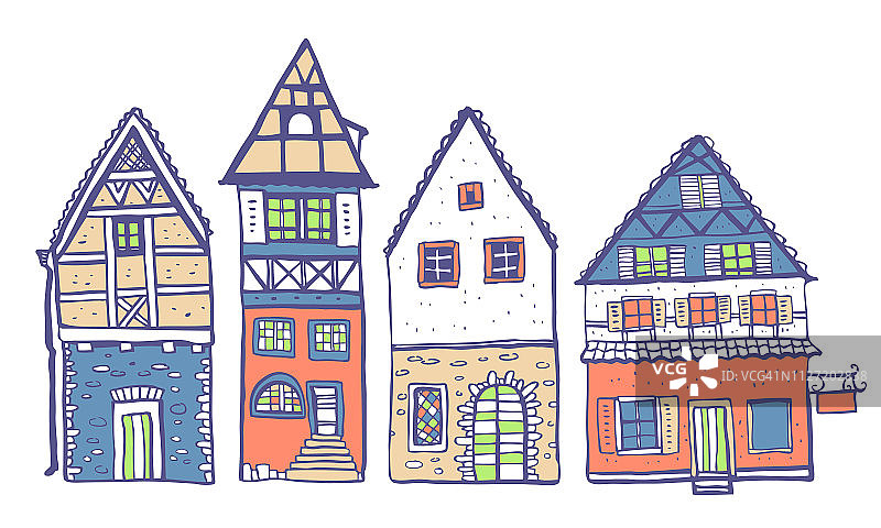 欧洲古老的石头房子。四种老式建筑立面。手绘彩色矢量素描插图上的白色背景图片素材