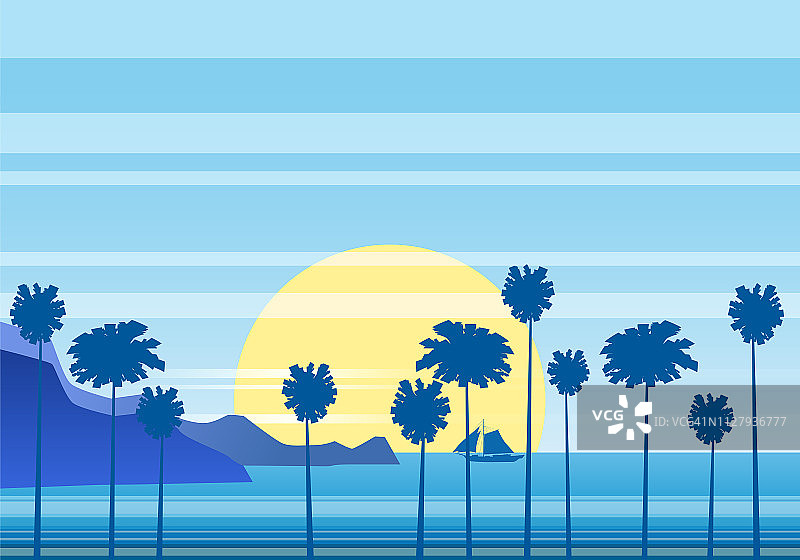 夏日阳光明媚的热带背景与棕榈树海边，山脉天空地平线，日落。矢量插图，孤立，模板图片素材