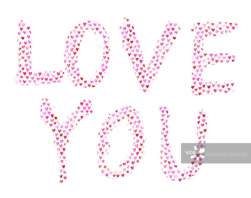 美丽可爱的抽象的爱你卡片设计与手写的文字和微小的水彩心形状在粉红色和红色的阴影-插图在向量上的白色背景图片素材