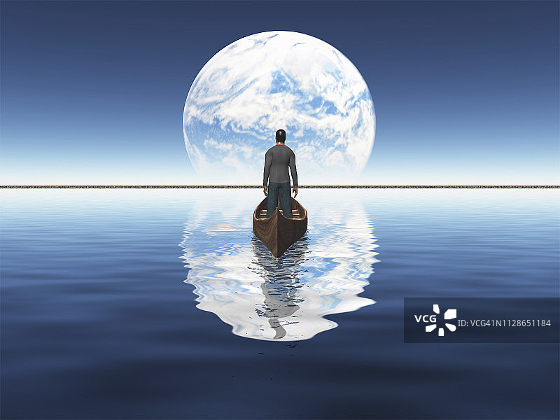 人坐船航行。远处看到的蓝色星球。三维渲染图片素材