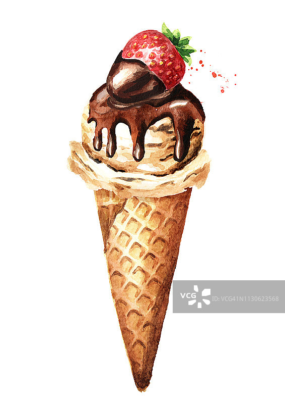 巧克力草莓香草冰淇淋球和蛋卷。水彩手绘插图，孤立的白色背景图片素材
