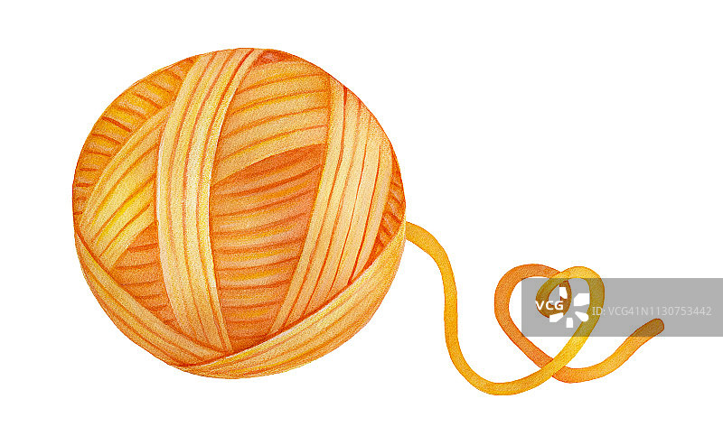 色彩鲜艳的毛线球，带有好玩的心形线尾。一个单一的对象。手绘水彩图形上的白色背景，剪纸剪辑艺术元素的创意设计。图片素材