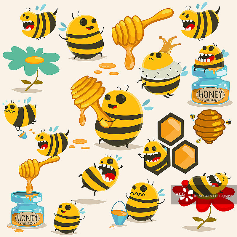 可爱的蜜蜂卡通人物向量集。蜂蜜，蜂箱，棍子，罐子，蜂窝插图孤立的背景。图片素材