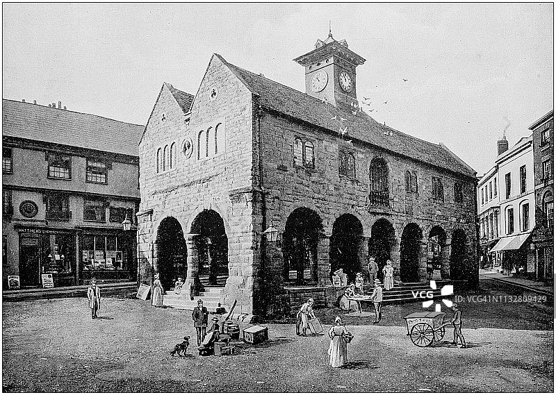 英格兰和威尔士的古董黑白照片:市场大厅和凯莱的房子，罗斯图片素材