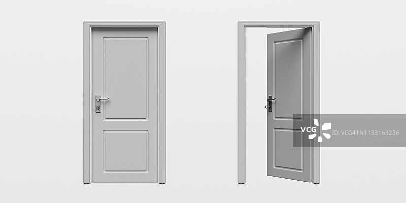 一组关闭和开放的门孤立的切割在白色的背景。三维演示图片素材