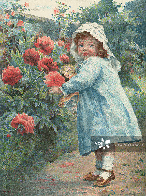 维多利亚时代的小女孩在采花图片素材