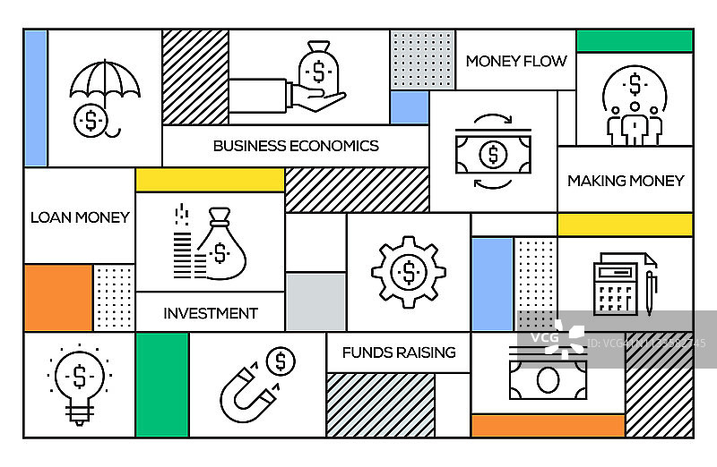商业经济学概念。几何复古风格的横幅和海报概念与商业经济线图标图片素材
