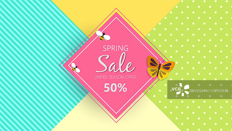 春季销售背景横幅上点缀着美丽多彩的蝴蝶。矢量插图。图片素材