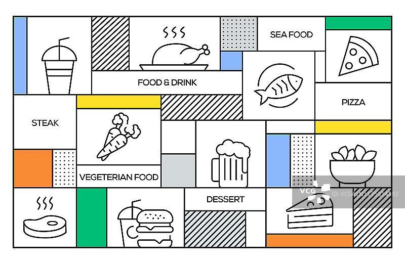 食物和饮料概念。几何复古风格的旗帜和海报概念与食品和饮料线图标图片素材