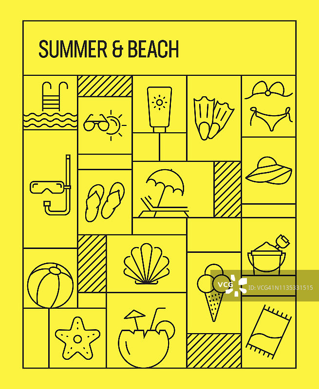 夏季和海滩概念。几何复古风格横幅和海报概念与夏季和海滩线图标图片素材