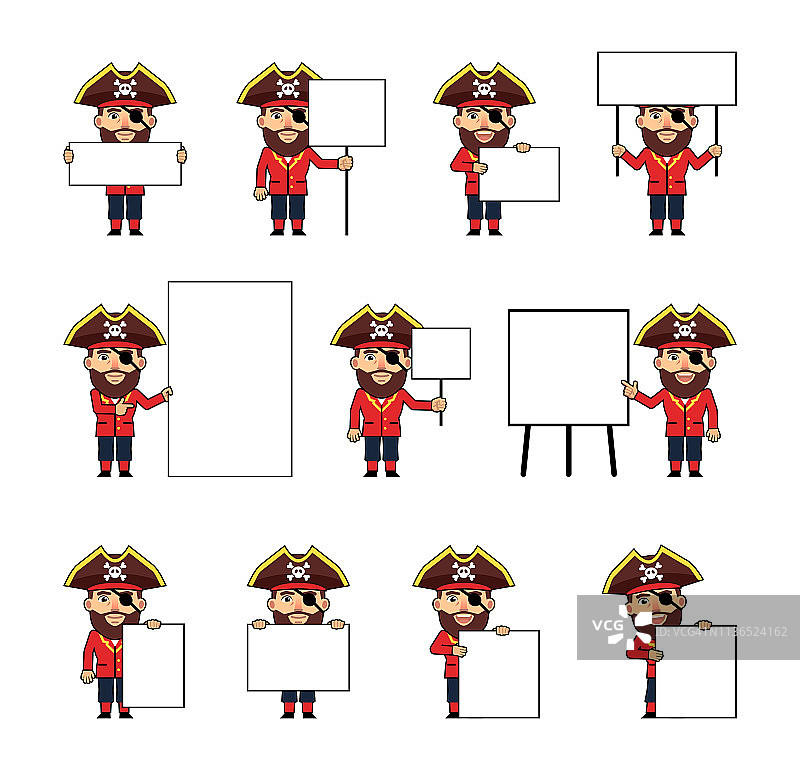 一组赤壁海盗人物摆出不同的空白横幅。滑稽的海盗船长拿着纸，海报，标语牌，指着白板。教,做广告图片素材