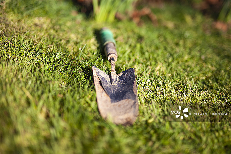 小花园铲子在草地上图片素材