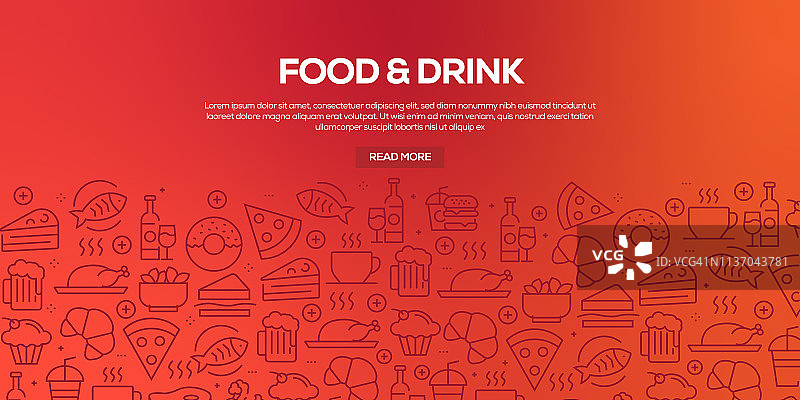 向量的设计模板和元素为食品和饮料在流行的线性风格-无缝模式与线性图标相关的食品和饮料-向量图片素材