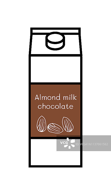 矢量线图标的调味素食巧克力杏仁奶孤立在白色背景。植物基非乳制品替代品。纸箱，螺旋盖和标签与杏仁插图。图片素材