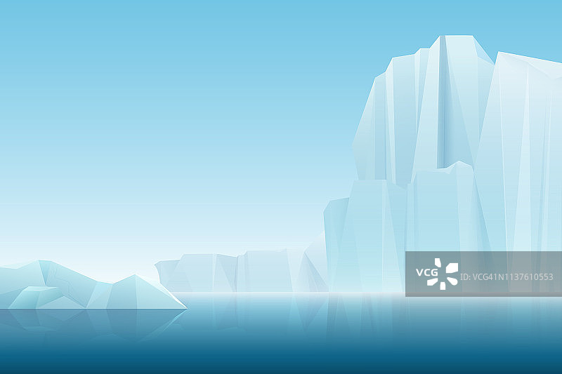 逼真的北极软雾冰山冰山山与蓝色的大海，冬季景观。矢量自然卡通背景插图。图片素材