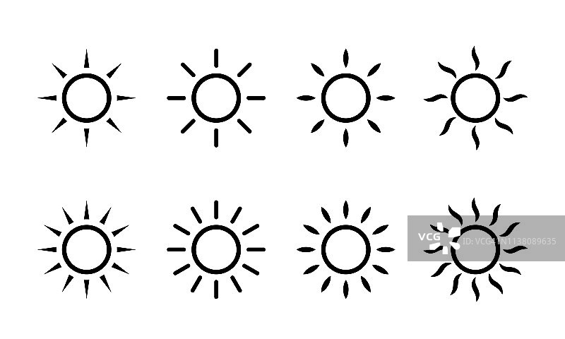 太阳矢量阳光线图标。电脑或手机触摸屏显示亮度简单的太阳图标与光线或阳光光束图片素材