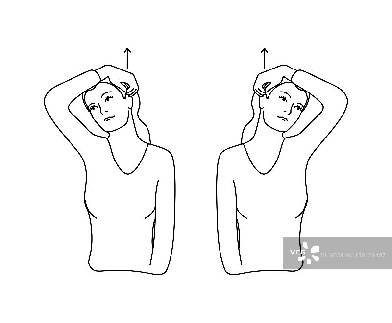 矢量黑线插图。颈部运动由女孩放松。把你的手指放在耳朵后面，然后抬起头。图片素材