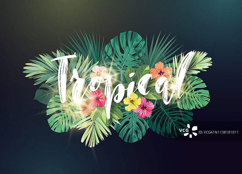 夏季夏威夷矢量设计与异国情调的棕榈叶，木槿花和处理卡片或传单。图片素材