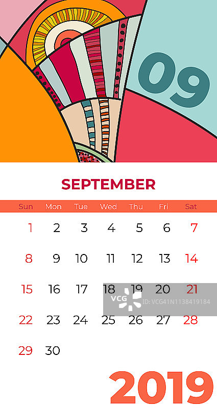 2019年9月日历抽象当代艺术矢量。桌面、屏幕、桌面09月2019，缤纷2019日历模板、日程模式。迷幻日历，日程安排。9页图片素材