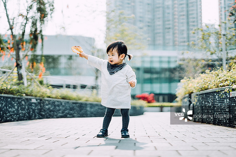 快乐的蹒跚学步的女孩手里拿着一片干树叶，在城市公园里玩得很开心图片素材