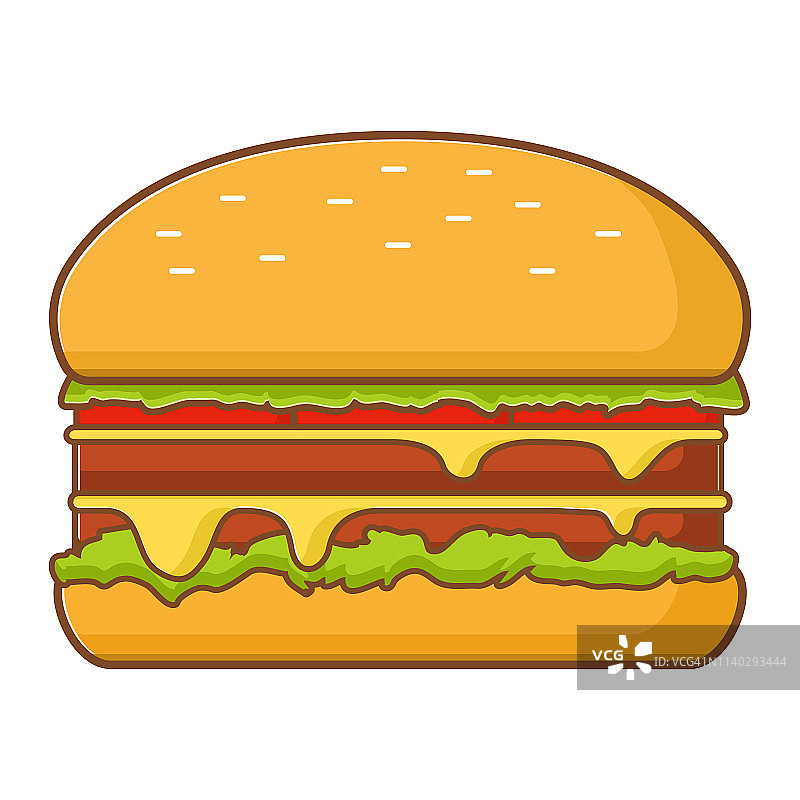 双层芝士汉堡加番茄和莴苣叶，芝士。快餐、汉堡包、炸牛肉片。用芝麻卷面包。图片素材