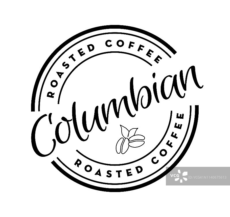 哥伦比亚烘焙咖啡圆形标签咖啡豆在白色背景图片素材