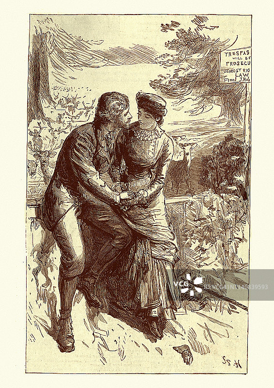 维多利亚时代相爱的年轻夫妇，19世纪的版画图片素材