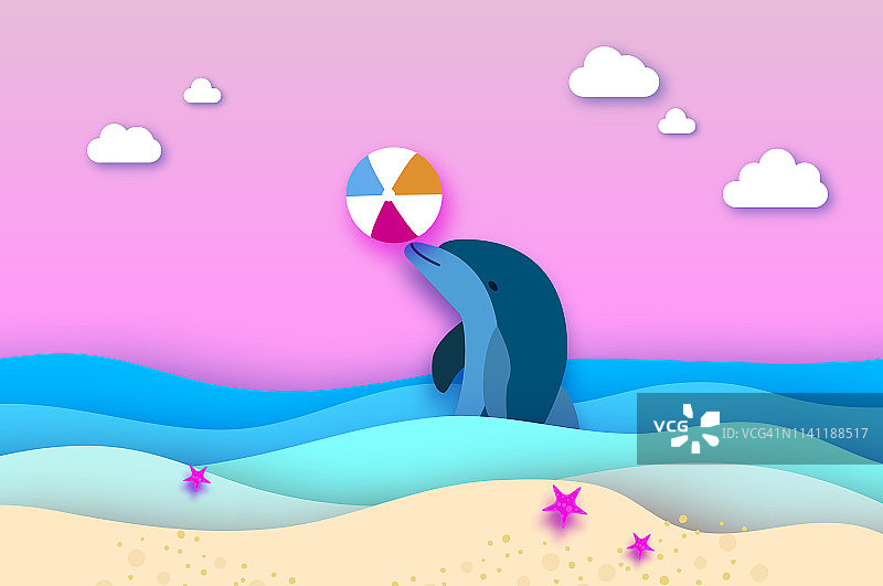剪纸风格的海豚和沙滩球在海里。折纸分层美丽的海景和天空。夏威夷太平洋野生动物风景。自然栖息地的海洋动物。图片素材