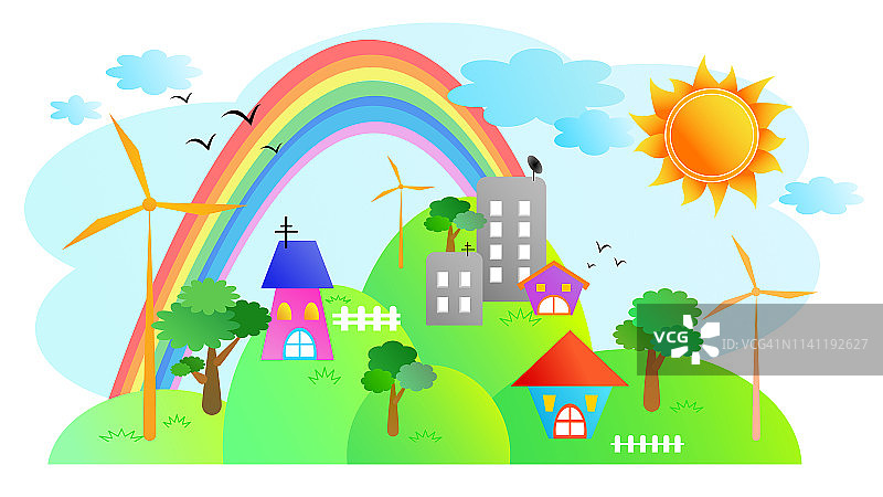 生态村庄插图与风力发电机在山上的卡通风格。图片素材