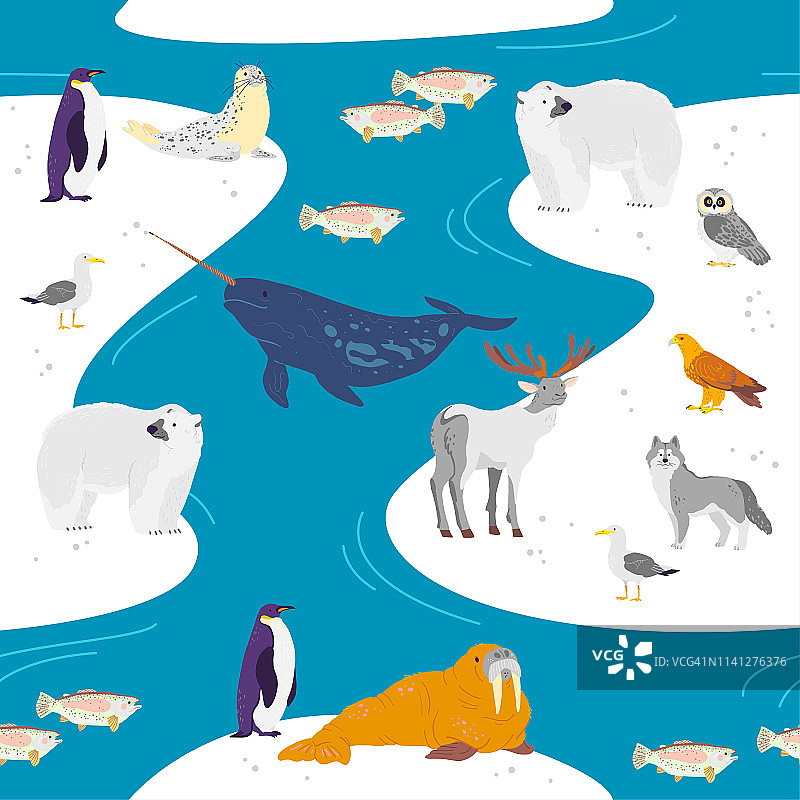 矢量平面无缝模式与手绘北方动物，鱼类，鸟类，水隔离在冬季景观。图片素材