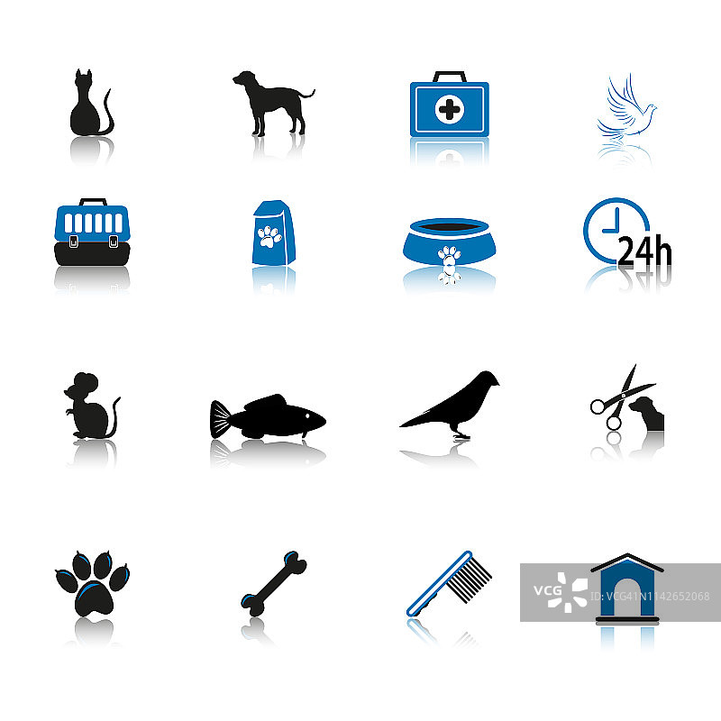 宠物护理图标设置黑色和蓝色孤立的白色背景图片素材