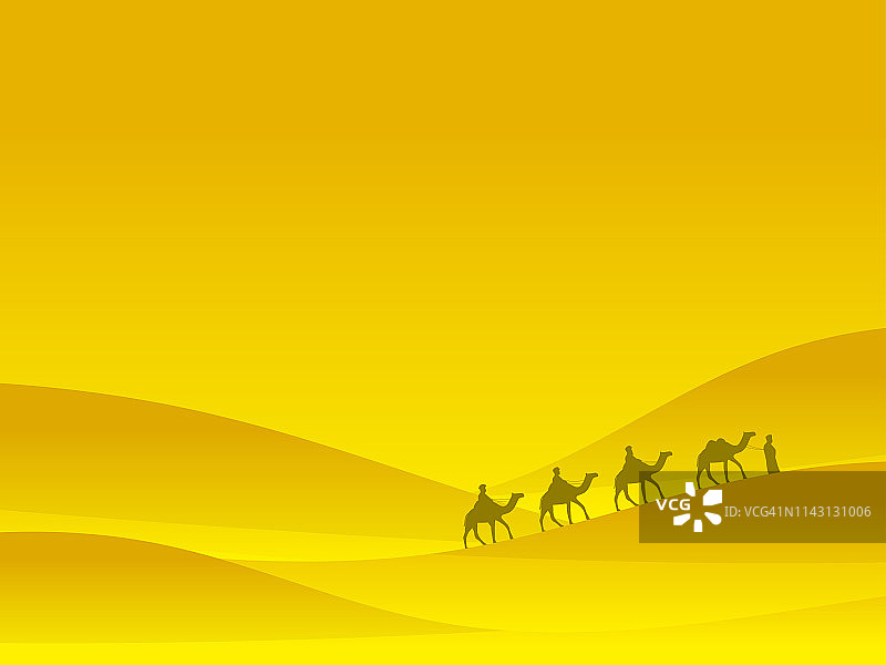 沙漠中的商队。人们骑着骆驼在沙丘上移动。沙漠景观。矢量图图片素材