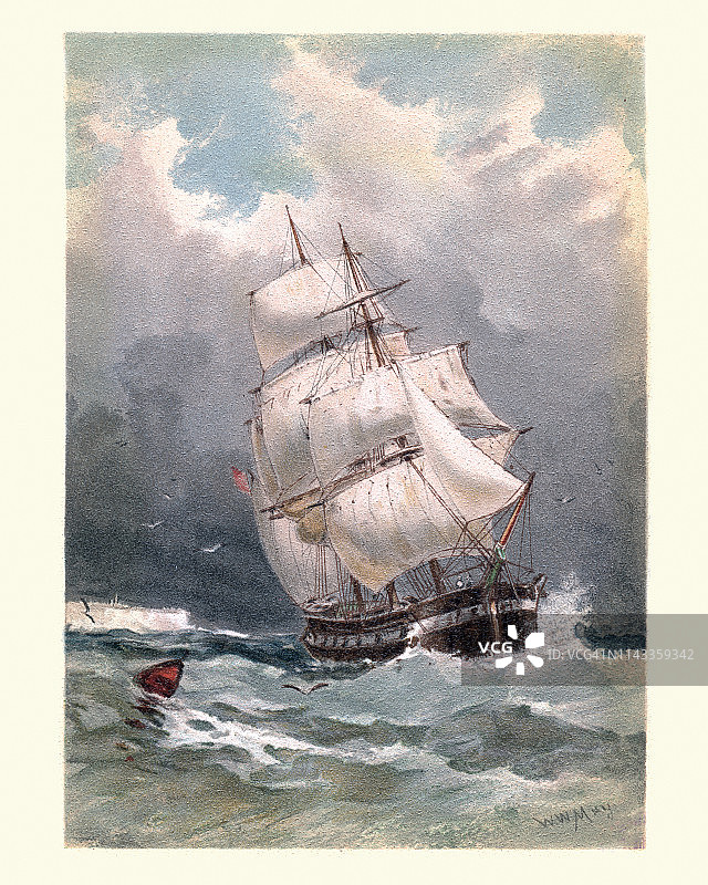 19世纪，维多利亚时代的一艘帆船在海上开足了帆图片素材