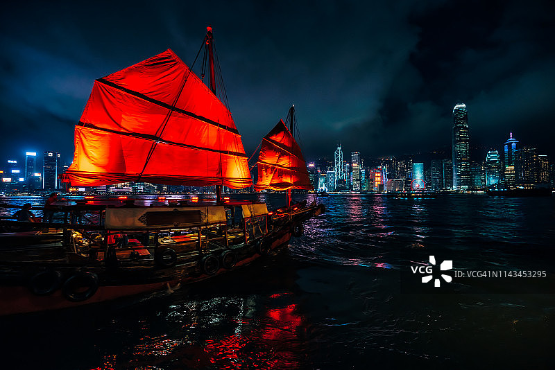 香港城市的天际线在夜间观光帆船图片素材
