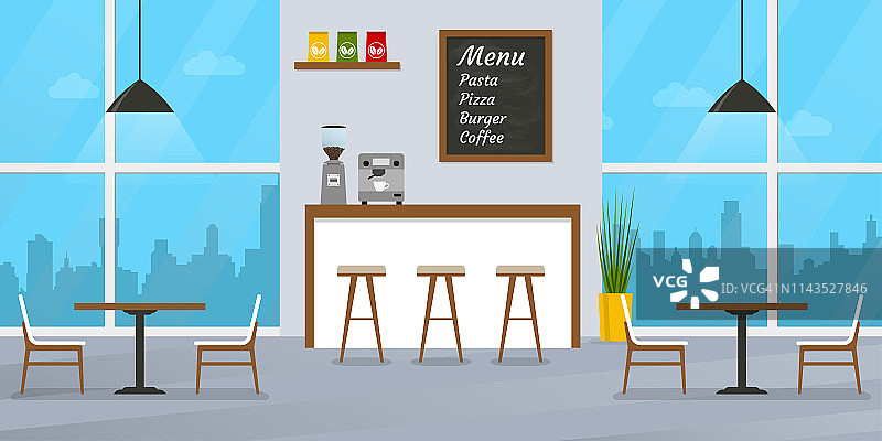 咖啡厅或餐厅室内设计，配备吧台、桌椅。餐厅里面有窗户和菜单板。矢量插图。图片素材