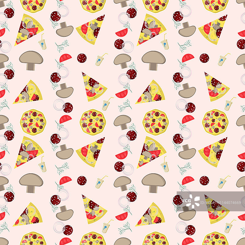 无缝图案插画，以意大利披萨美食为主题，用于装饰和设计图片素材