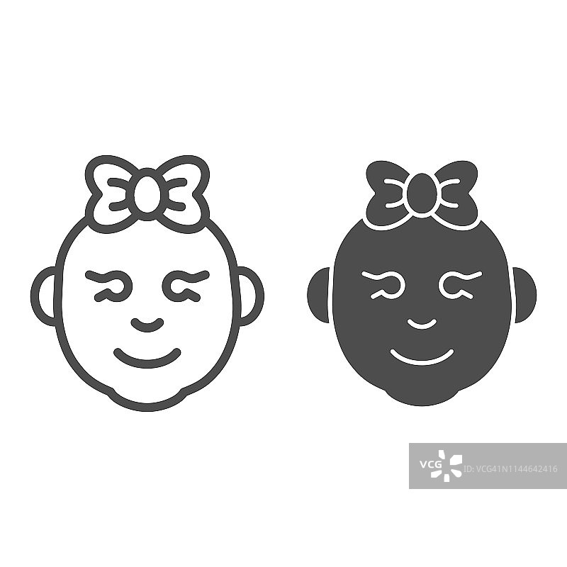 宝贝女孩线和字形图标。小女孩微笑的脸矢量插图孤立在白色。女童脸部轮廓风格设计，专为网页和应用设计。Eps 10。图片素材