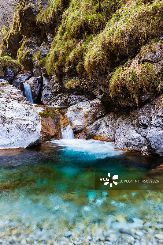 长曝光镜头的瀑布与清澈的水和托松石自然池图片素材