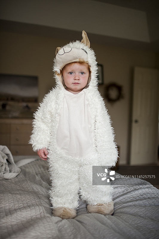 可爱的小男孩穿着动物服装站在家里的床上的全身像图片素材
