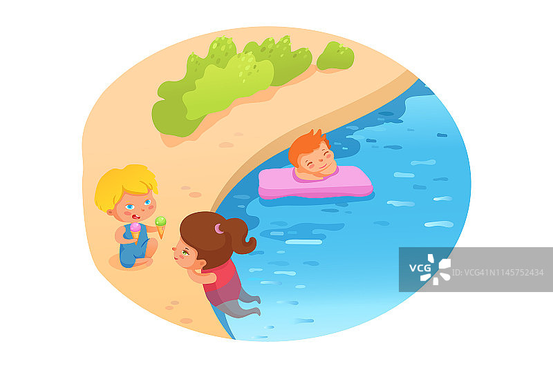 孩子在海滩卡通矢量彩色插图图片素材