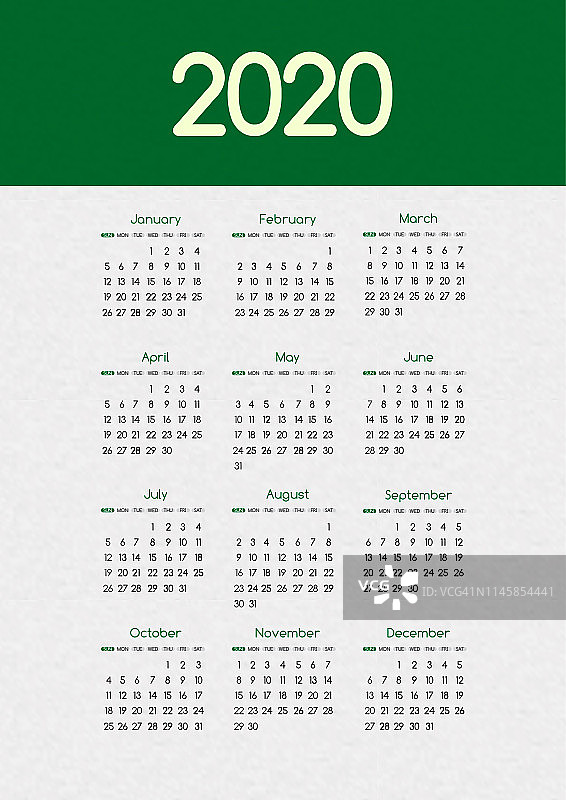 2020年新年矢量日历现代简单的绿色设计圆形san serif字体，假日活动计划，一周开始周日图片素材