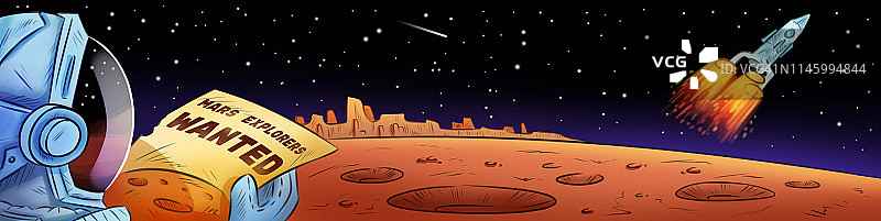 火星探险者想要手绘漫画风格的卡通横幅。太空探索，太空殖民图片素材