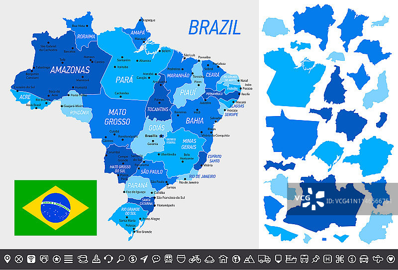 巴西地图与国旗，分开的省份和导航图标图片素材