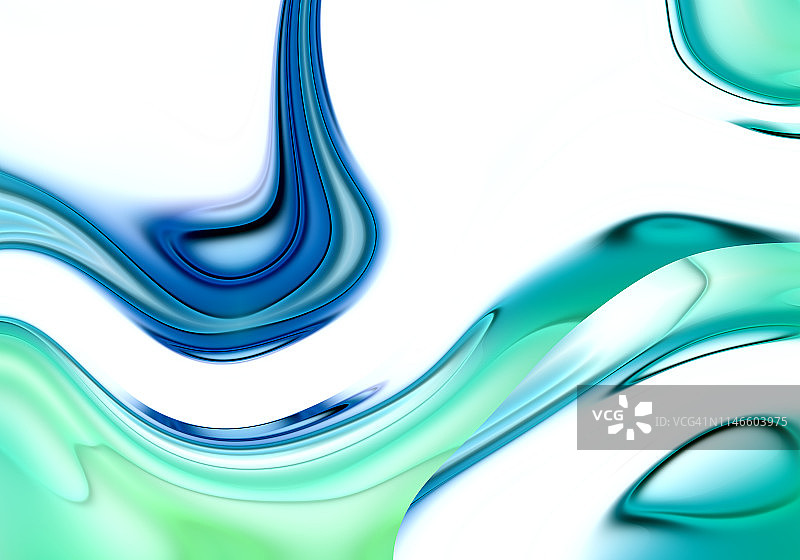 蓝色和绿色波浪水滴背景，气泡，扭曲玻璃形状图片素材
