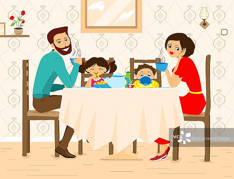 家人在家喝茶平面矢量插图图片素材