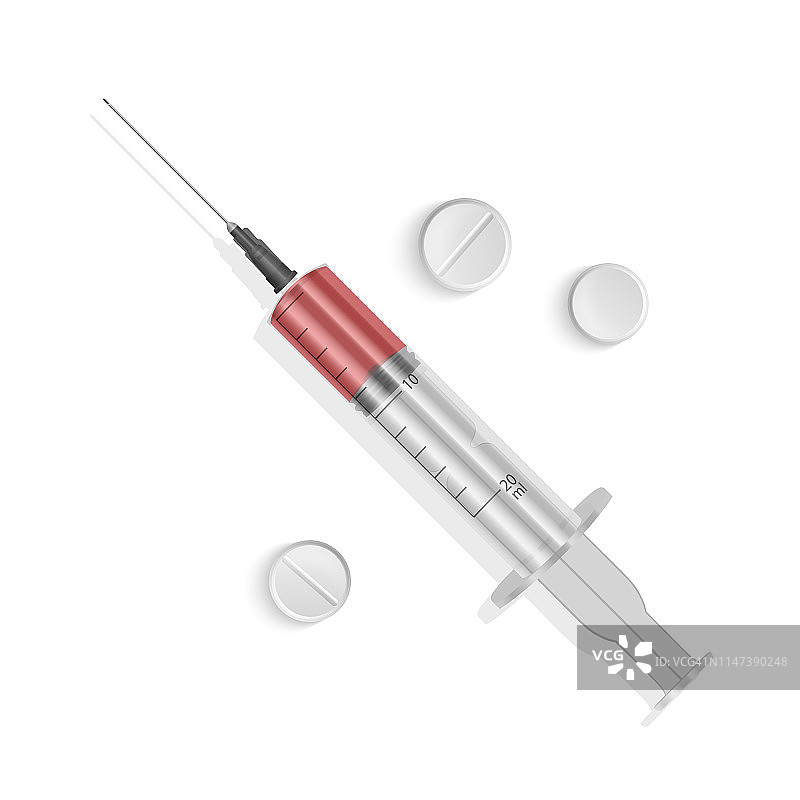 一套医用注射器。注射器里装满了疫苗溶液。插图的医疗注射器与针在现实主义风格。图片素材